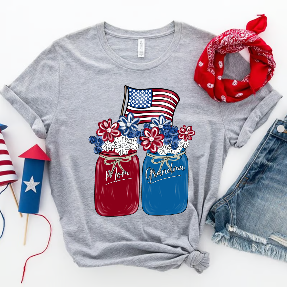 Mom Grandma Shirt - Custom Floral Flag American Family Names Tee - Perfect 4th of July Gift for Her