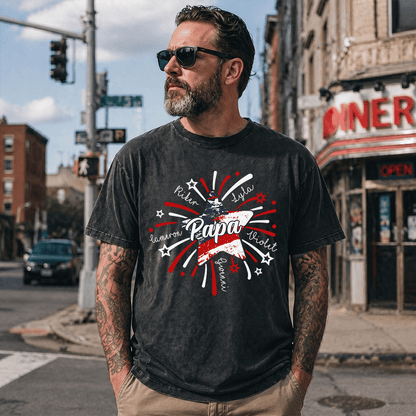 Personalized Papa Fireworks Mineral Wash T Shirt, Custom Grandkids Names Patriotic Tee, Fourth of July Grandpa Apparel