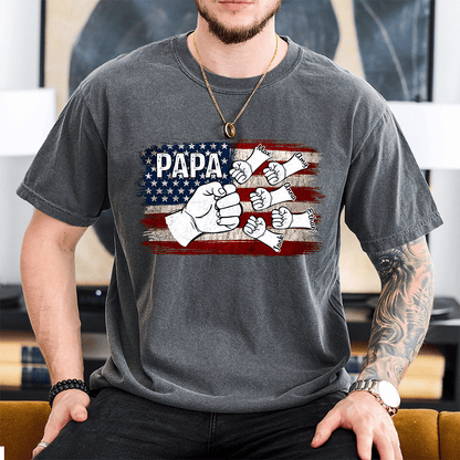 Comfort Colors® Papa Fist Bump Shirt with Kids Names – American Flag Custom T-Shirt for Dad