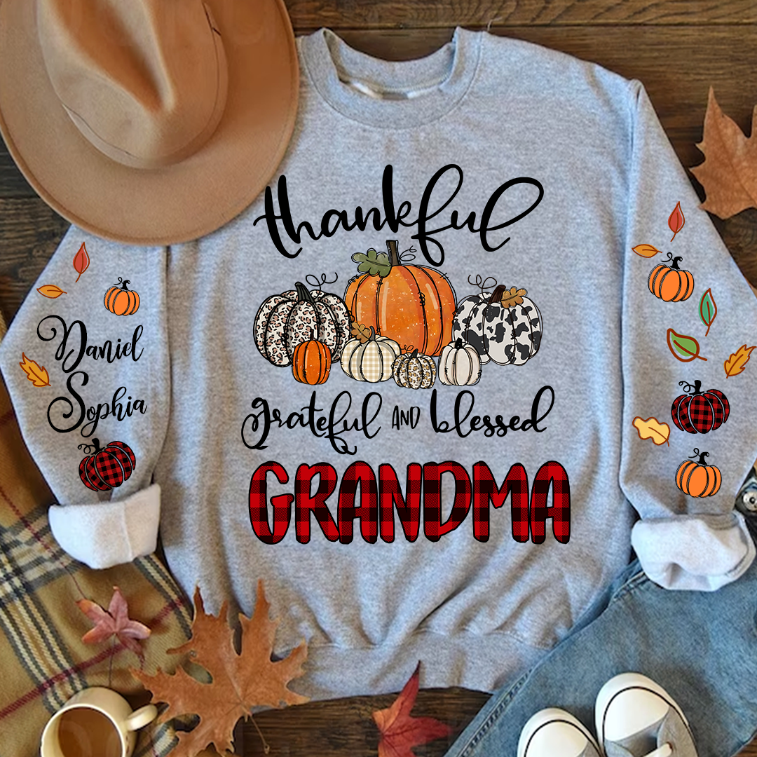 Pumpkin Thankful Grateful and Blessed Grandma with Kids Name on sleeve