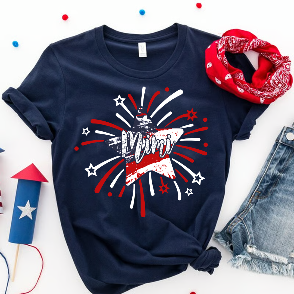 Personalized MIMI Fireworks America Flag Shirt – Custom Grandma Tee with Grandkids Names