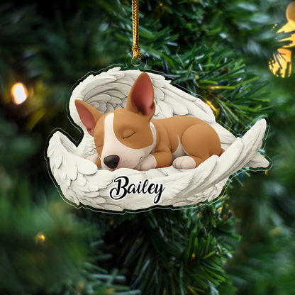 Custom Bull Terrier Angel Dog Ornament – Personalized Sleeping Dog Christmas Gift for Dog Lovers, Pet Memorial Tree Decoration Ornament