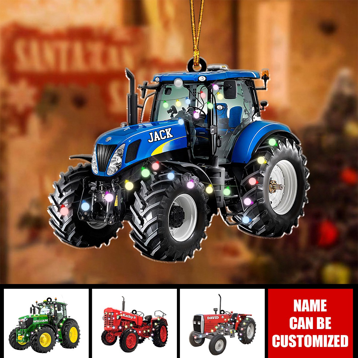 Farmer Tractor with Christmas Light – Personalized Ornament, Custom Acrylic Decoration Gift for Farmers and Tractor Lovers Ornament