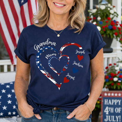 Personalized Grandma Mom American Flag Heart Shirt - Custom Kid Names