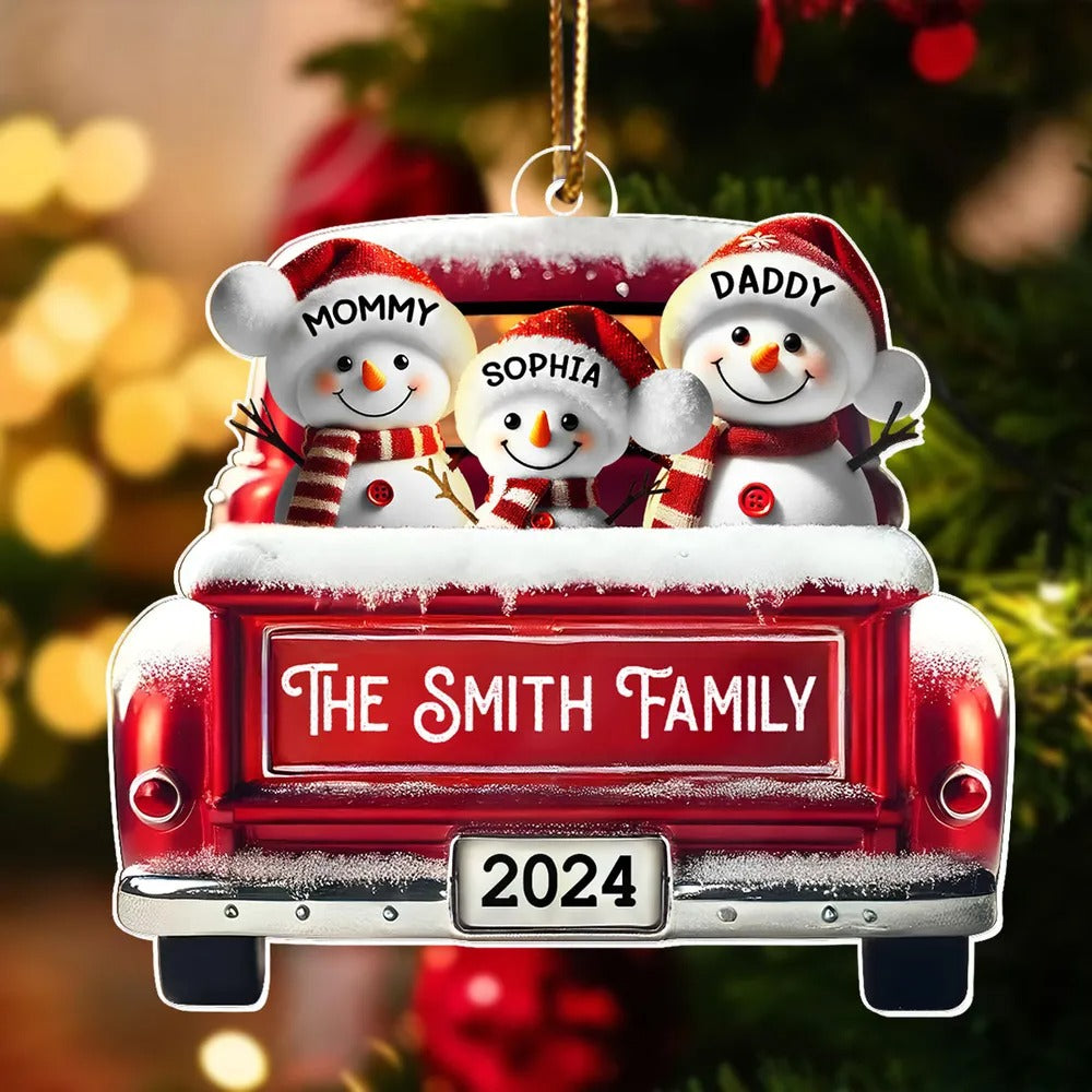 Personalized Snowman Family Acrylic Christmas Ornament, Red Truck Custom Name Ornament
