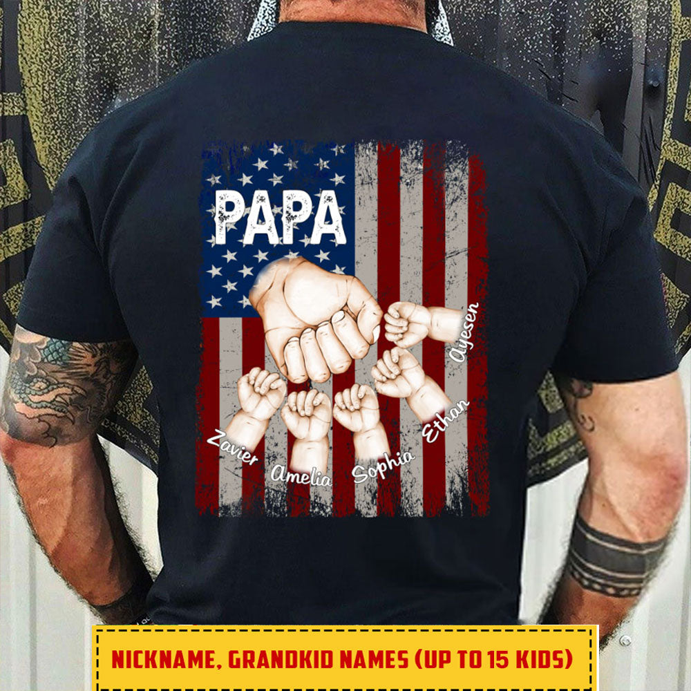 Papa Hands Flag With Kids Father's Day Gift Backside T-Shirt