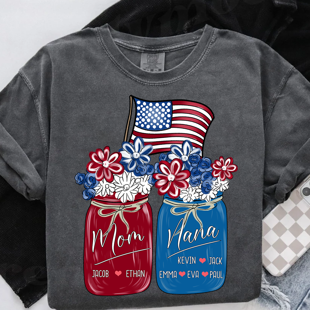Mom Grandma Shirt - Custom Floral Flag American Family Names Tee - Perfect 4th of July Gift for Her