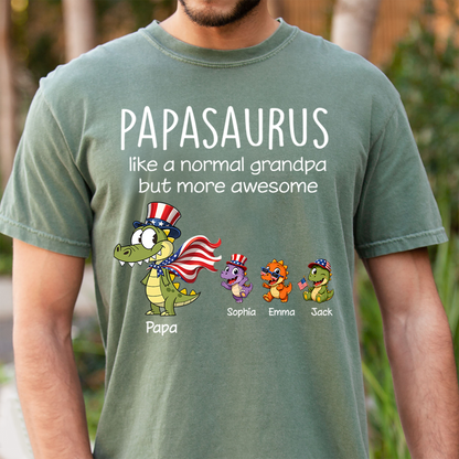 Personalized Papa Dinosaur Shirt with Custom Kids Names, Funny Grandpa Family T Shirt for Papa Grandfather,  Patriotic Grandpa Family, U.S. 250th Anniversary 1776 2026 Gift For Fathers Day Birthday