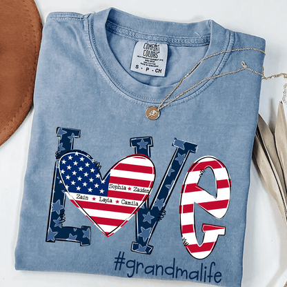 Personalized Grandma Life T-Shirt - LOVE American Flag Heart Design - Custom Grandkids’ Names - USA Patriotic Gift for Proud Grandmothers - Soft Comfort Colors Tee