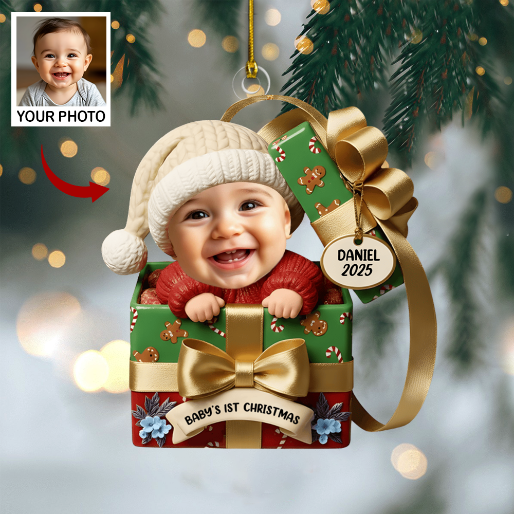 Custom Baby Ornament 2025 – Baby’s 1st Christmas Gift Box Design with Name & Photo, Perfect Holiday Keepsake for New Parents Ornament
