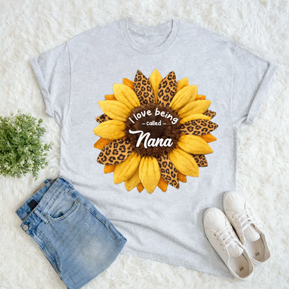 Custom Grandma Shirt, Personalized Sunflower Leopard Print Tee with Kids' Numbers, Gift for Grandma