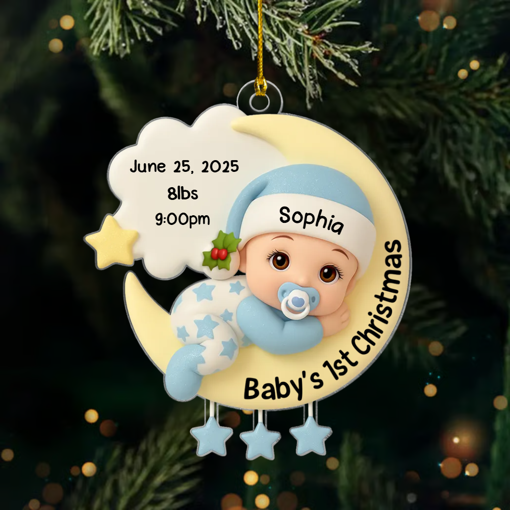 Personalized Baby’s First Christmas Ornament 2025 – Custom Name, Birth Stats & Newborn Moon Design Keepsake for New Parents Ornament