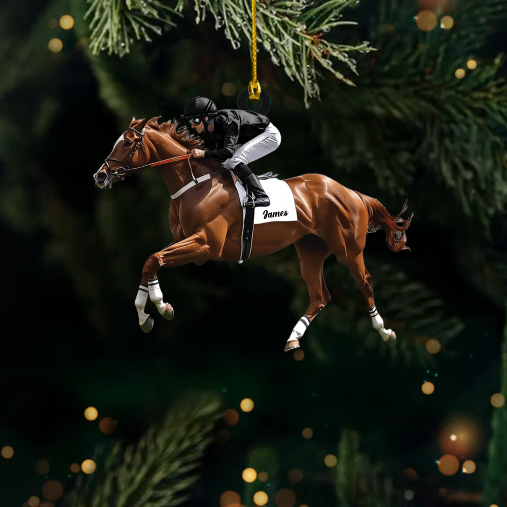 Personalized Horse Racing Ornament – Custom Name Jockey Riding Horse Christmas Decoration, Gift for Equestrian & Race Fans Ornament