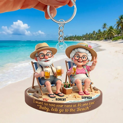 Personalized Elderly Couple Beach Keychain With Names, Funny Grandparents Custom Keepsake Ornament