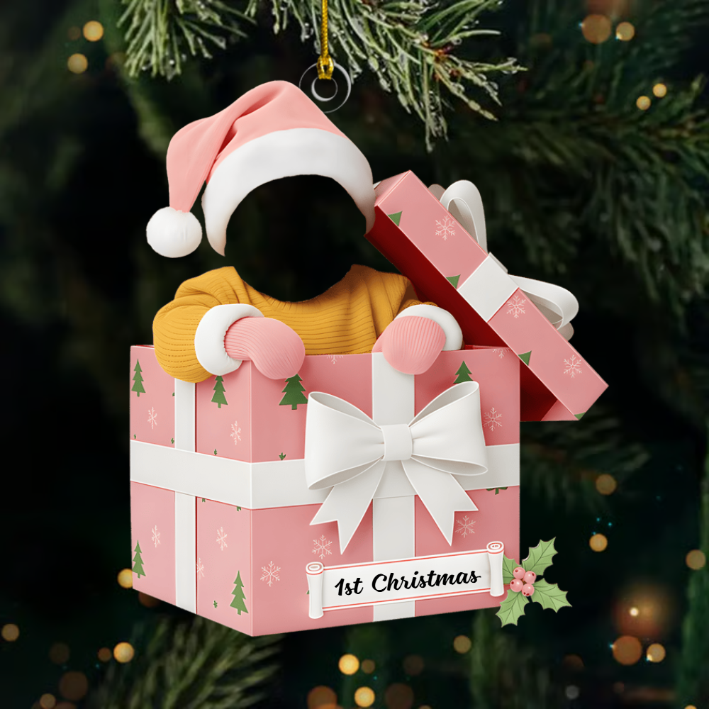 Custom Baby Photo Ornament 2025 – Baby’s 1st Christmas Gift Box Design, Personalized Name Christmas Decoration Ornament