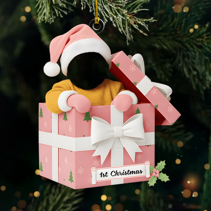 Custom Baby Photo Ornament 2025 – Baby’s 1st Christmas Gift Box Design, Personalized Name Christmas Decoration Ornament