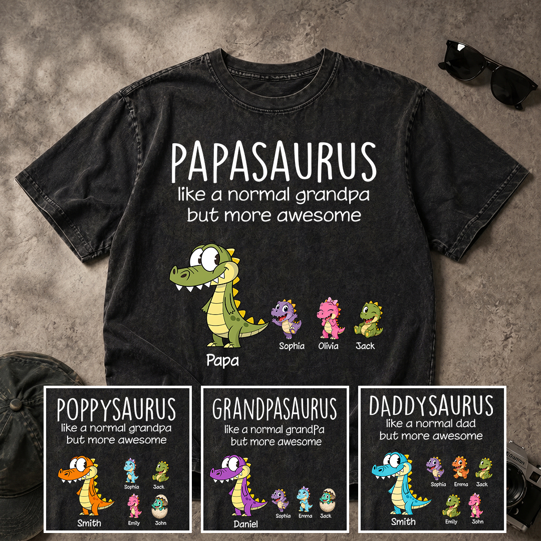 Personalized Papa Dinosaur Shirt with Custom Kids Names, Funny Grandpa Family for Papa, Father's Day Birthday Gift Mineral Wash T-Shirt