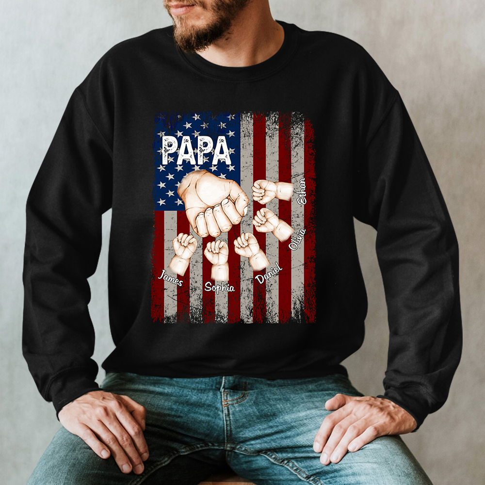 Personalized Papa Hand And Grandkids Flag Sweatshirt