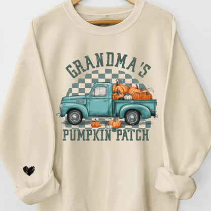 Custom Pumpkin Patch Grandma Sweatshirt – Teal Truck and Pumpkins, Grandkids’ Names on Sleeve