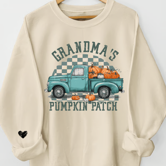 Custom Pumpkin Patch Grandma Sweatshirt – Teal Truck and Pumpkins, Grandkids’ Names on Sleeve
