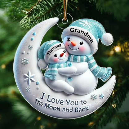 Snowman Grandma & Hugging Grandkid On The Moon Personalized Acrylic Ornament, Christmas Gift For Granddaughter, Grandson Ornament