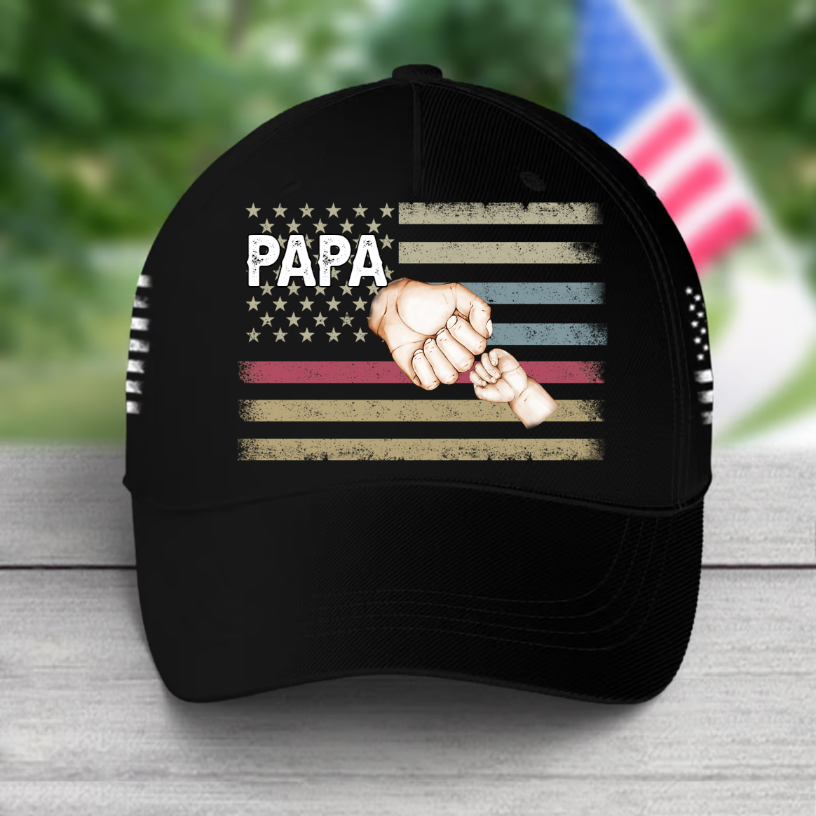 Personalized Papa And Kids Fist Bump American Flag AOP Cap Custom 04th Of July 3D Cap Classic Cap 3D