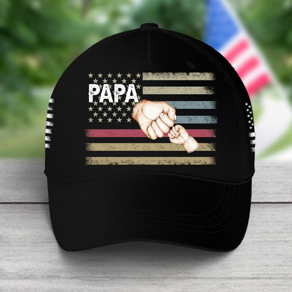 Personalized Papa And Kids Fist Bump American Flag AOP Cap Custom 04th Of July 3D Cap Classic Cap 3D