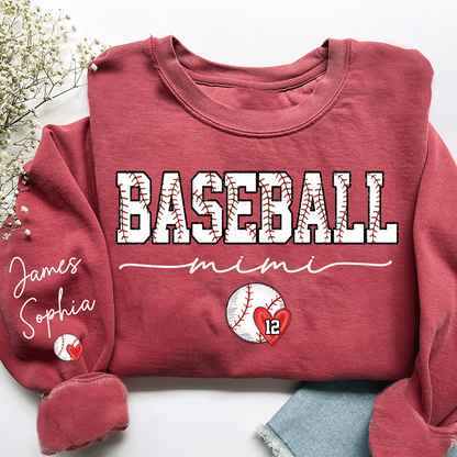 Personalized Baseball Mimi Sweatshirt With Grandkids Names and Number, Custom Sports Grandma Pullover Sweatshirt