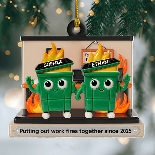Personalized Dumpster Fire Duo Ornament 2025, Custom Acrylic Decoration, Funny Office Chaos Gift For Coworkers And Work Besties Ornament