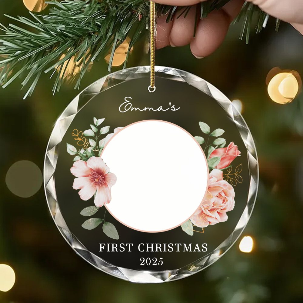 Custom Baby’s First Christmas Photo Ornament 2025 – Personalized Glass Keepsake, Floral Holiday Gift for Family & Loved Ones Round Glass Ornament