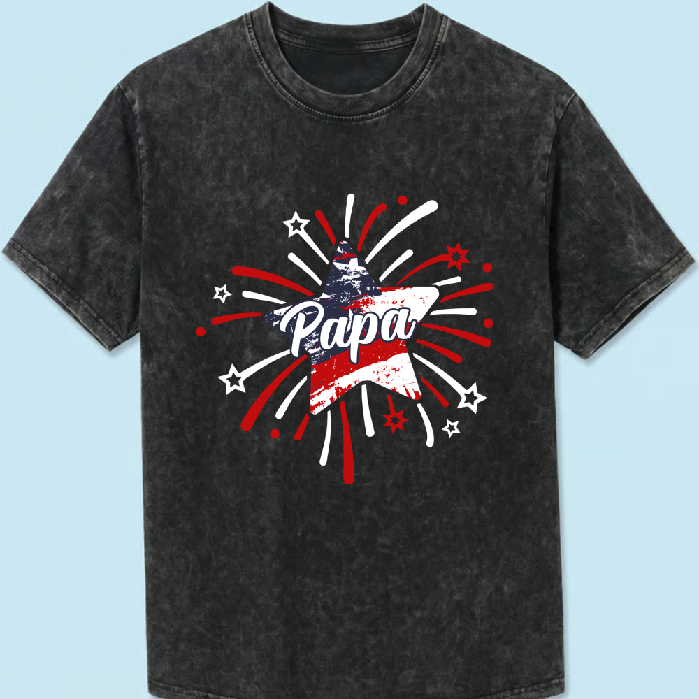 Personalized Papa Fireworks Mineral Wash T Shirt, Custom Grandkids Names Patriotic Tee, Fourth of July Grandpa Apparel