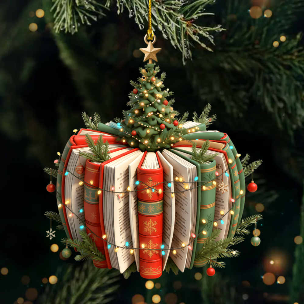 Personalized Book Ornament 2025 – Custom Name Christmas Ornament with Books and Tree, Perfect Gift for Book Lovers & Readers Ornament