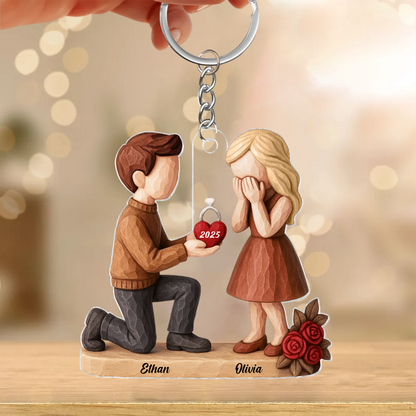 Personalized Couple Engagement Keychain With Names And Date, Romantic Proposal Gift Ornament