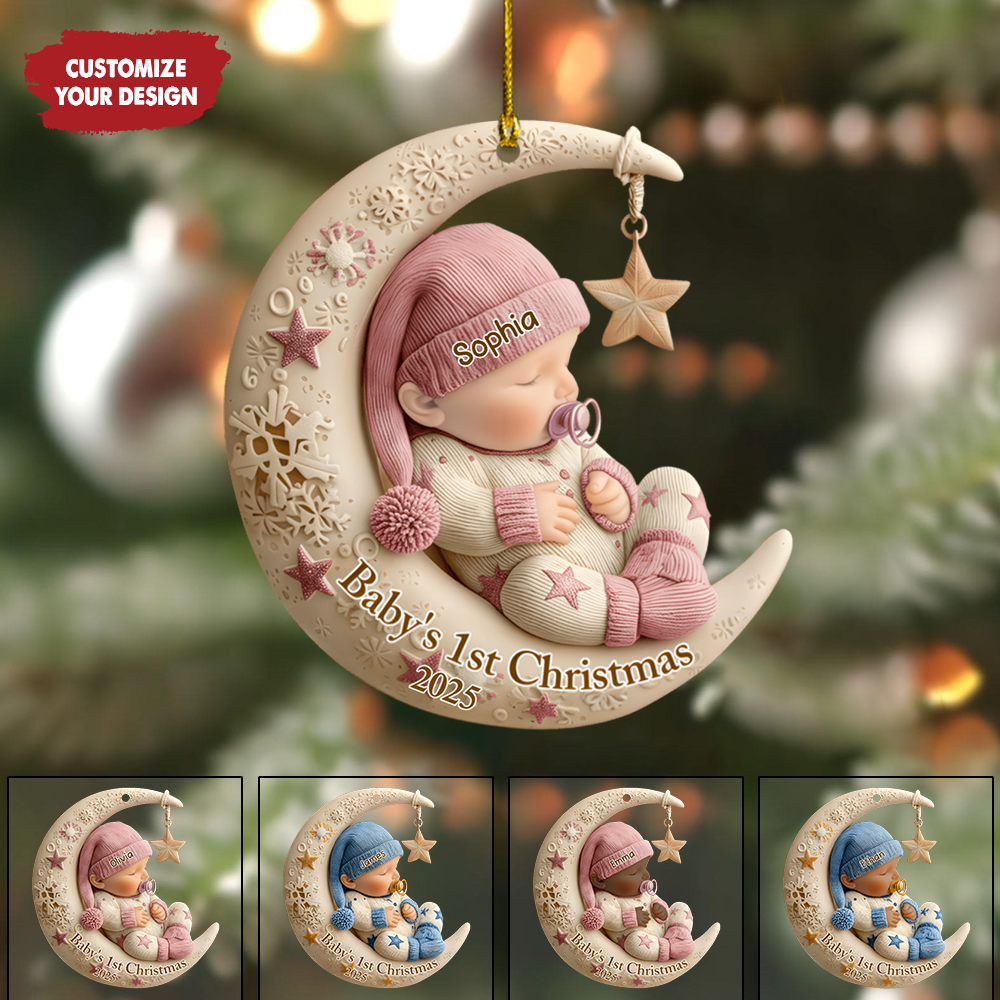 Personalized Baby’s 1st Christmas Ornament 2025 – Custom Name Sleeping Baby on Moon Ornament, Newborn Keepsake Gift for Boys & Girls Ornament