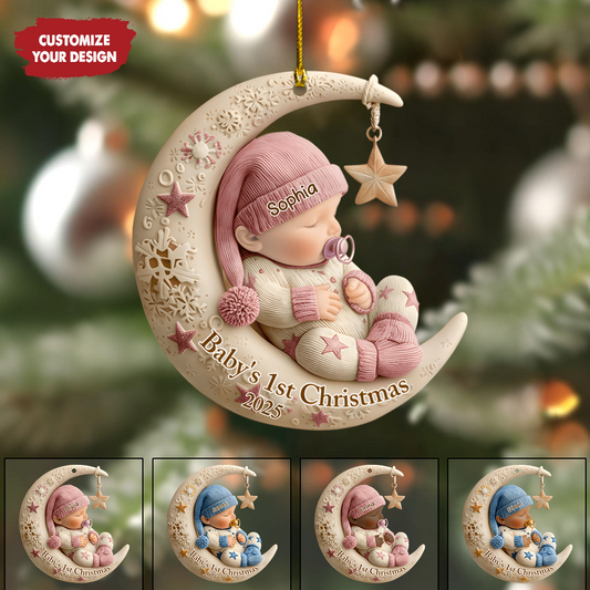 Personalized Baby’s 1st Christmas Ornament 2025 – Custom Name Sleeping Baby on Moon Ornament, Newborn Keepsake Gift for Boys & Girls Ornament