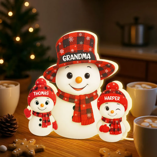 Christmas Checkered Pattern Grandma Grandkids Snowman Together - Personalized Light - Gift For Grandmas Light Box
