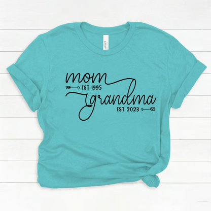Personalized Mom to Grandma Shirt – Custom EST Year T-Shirt – Cute Mother's Day Gift for New Grandmothers, Pregnancy Reveal, or Birthday