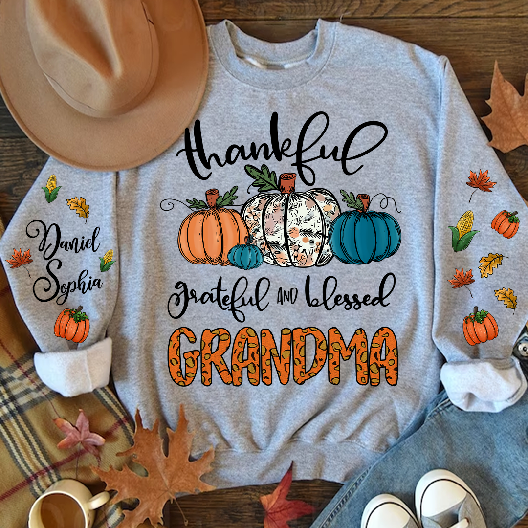 Pumpkin Thankful Grateful and Blessed Grandma with Kids Name on sleeve