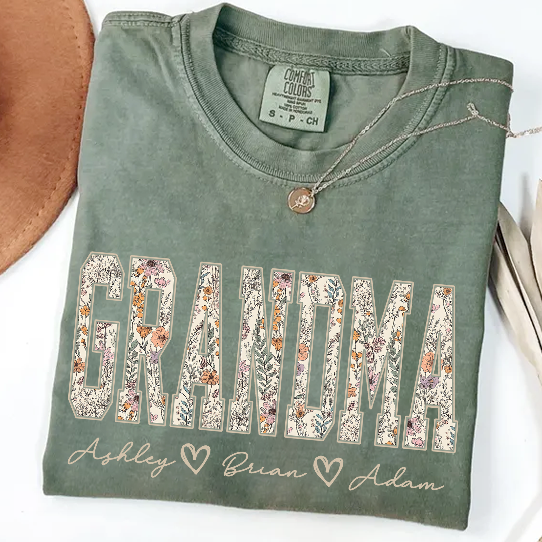 Comfort Colors® Personalized Grandma T-Shirt with Kids Names – Wildflower Letters Gift for Nana, Gigi, Mimi
