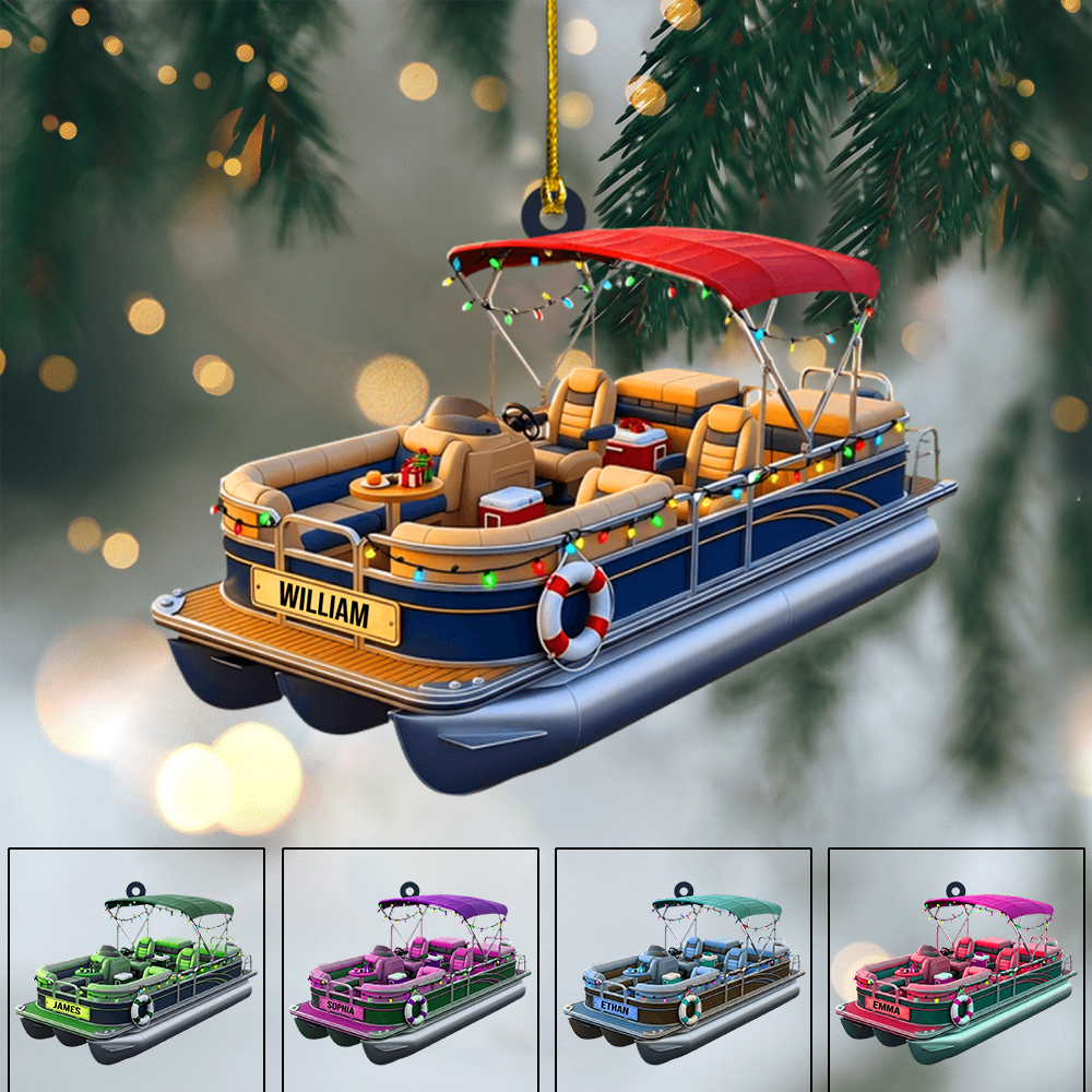 Personalized Pontoon Boat Ornament 2025 – Custom Name Boating Christmas Tree Decoration Gift Ornament