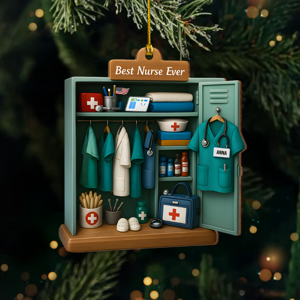 Personalized Nurse Ornament – Custom Name Scrubs Locker Christmas Decoration, Cute Holiday Gift for Nurses and Healthcare Workers Ornament