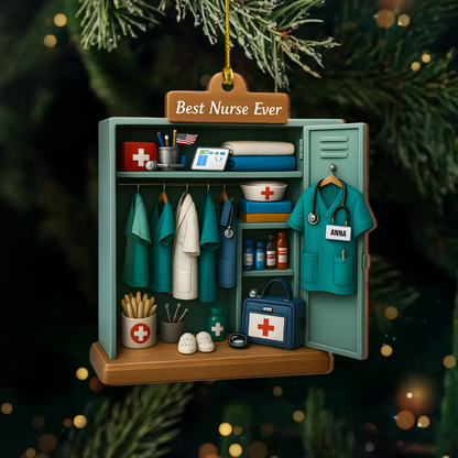 Personalized Nurse Ornament – Custom Name Scrubs Locker Christmas Decoration, Cute Holiday Gift for Nurses and Healthcare Workers Ornament