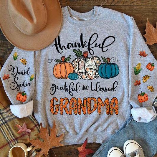 Pumpkin Thankful Grateful and Blessed Grandma with Kids Name on sleeve