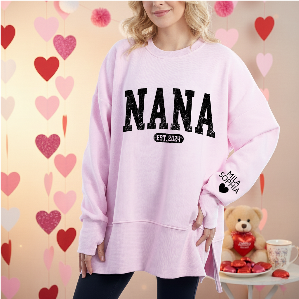 Personalized Nana Est And Kids Women Oversized Sweatshirts Thumbhole Long Sleeve, Thumbhole Fall Side Slit Pullover