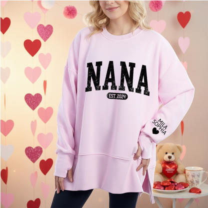 Personalized Nana Est And Kids Women Oversized Sweatshirts Thumbhole Long Sleeve, Thumbhole Fall Side Slit Pullover