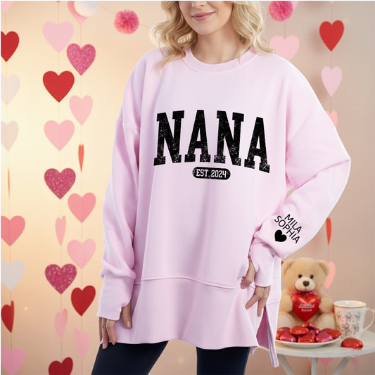 Personalized Nana Est And Kids Women Oversized Sweatshirts Thumbhole Long Sleeve, Thumbhole Fall Side Slit Pullover