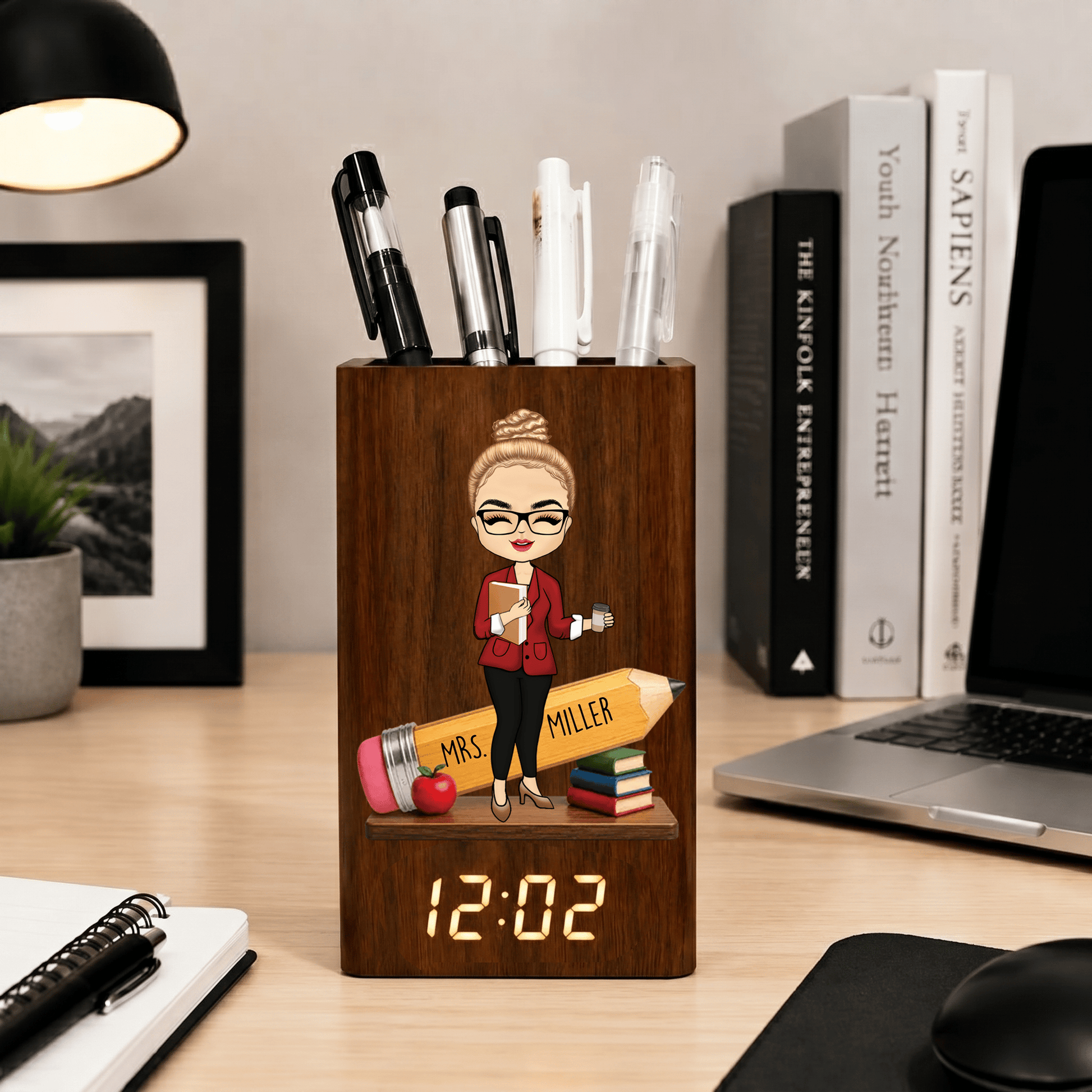 Personalized Teacher Pencil Holder With Clock, Custom Name Desk Organizer, End Of Year Teacher Gift Calendar Electronic Pen Holder
