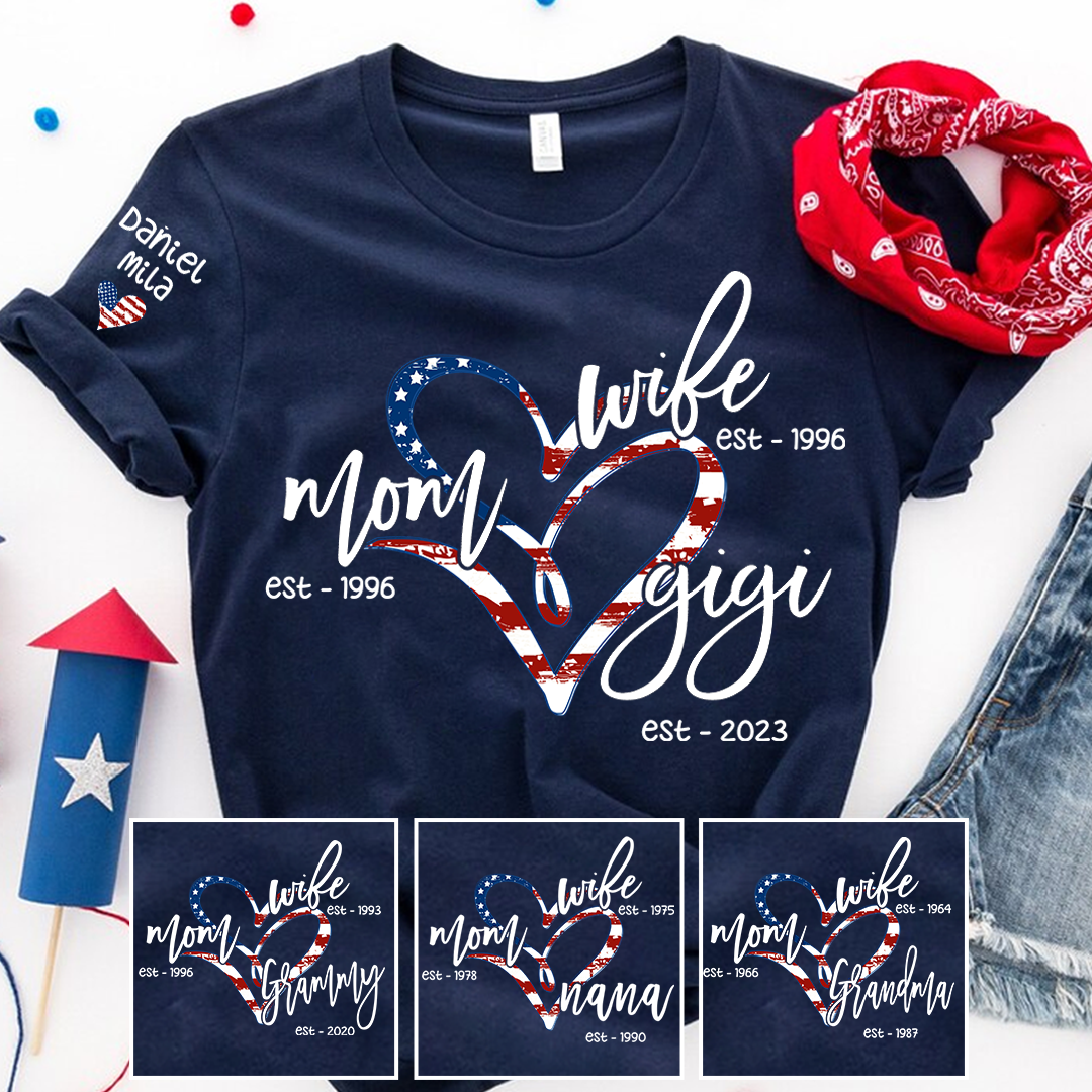Wife Mom Gigi Est Year And Grandkids Usa Flag Heart