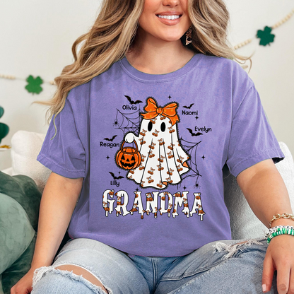 Personalized Halloween Grandma Sweatshirt – Cute Ghost with Grandkids’ Names and Pumpkin Trick-or-Treat Design