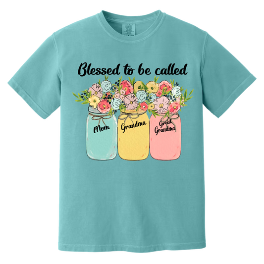 Blessed to Be Called Mom Grandma Great Grandma Shirt - Custom Floral Mason Jar Family Names Tee - Mother’s Day Gift for Her Comfort Colors